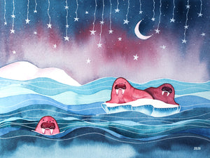 Walrus Under The Stars - Watercolor Fine Art Print (limited edition)